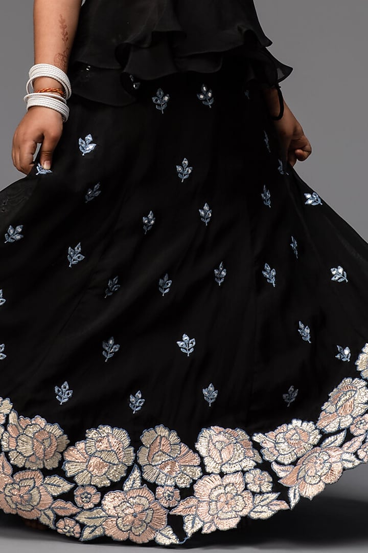 Charcoal Black Embroidered Lehenga Set For Girls by Neha Gursahani Kids at Pernia's Pop Up Shop