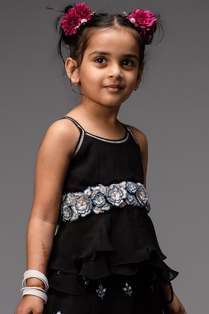 Charcoal Black Embroidered Lehenga Set For Girls by Neha Gursahani Kids at Pernia's Pop Up Shop