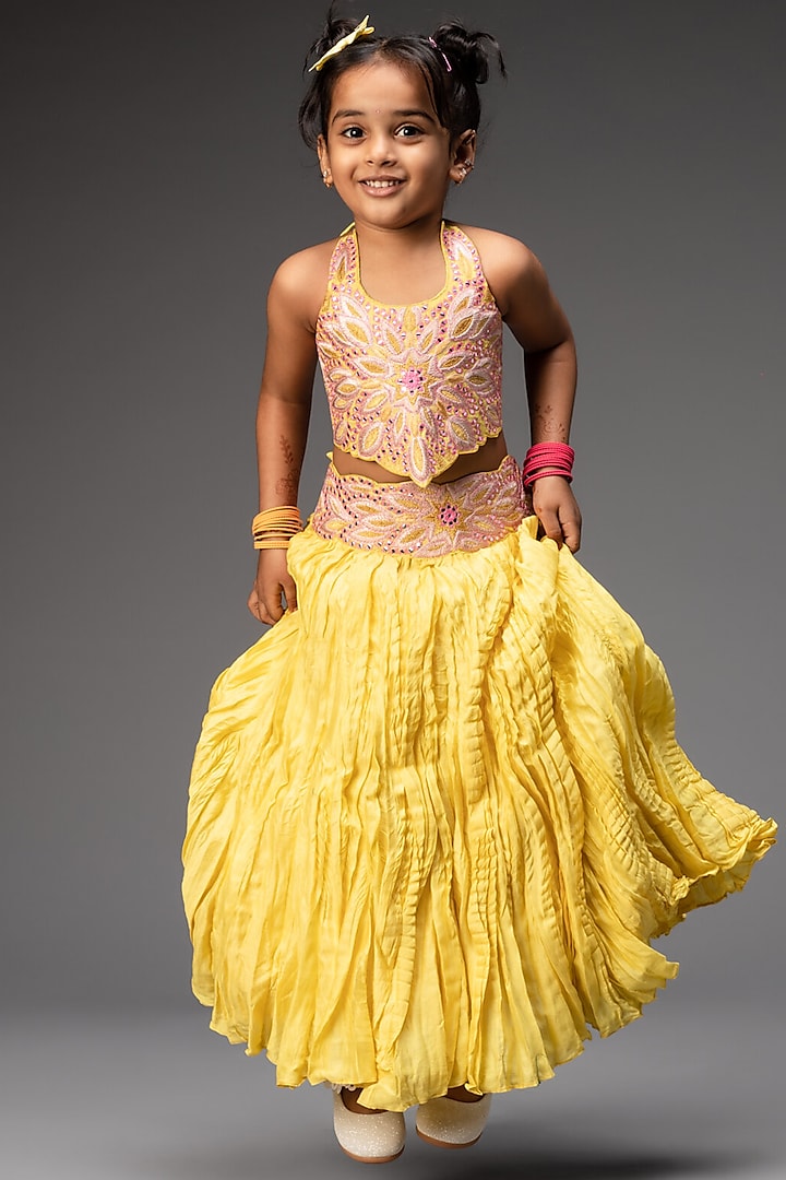 Lemon Yellow Embroidered Lehenga Set For Girls by Neha Gursahani Kids