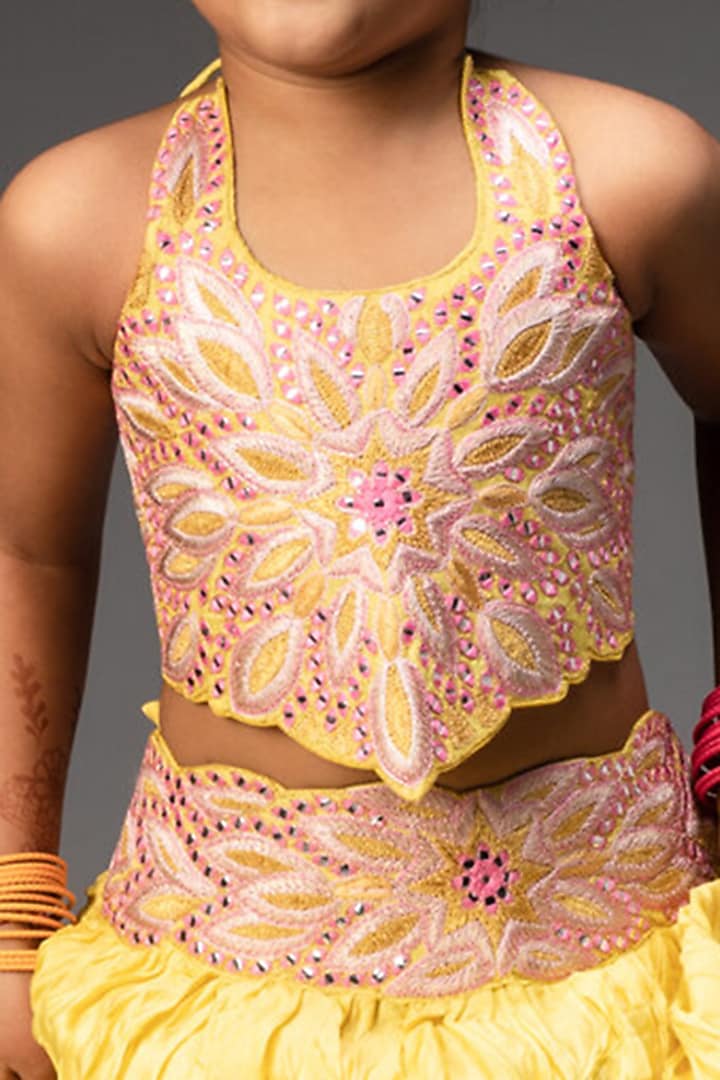 Lemon Yellow Embroidered Lehenga Set For Girls by Neha Gursahani Kids at Pernia's Pop Up Shop