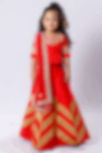 Red Embroidered Lehenga Set For Girls by Neha Gursahani Kids
