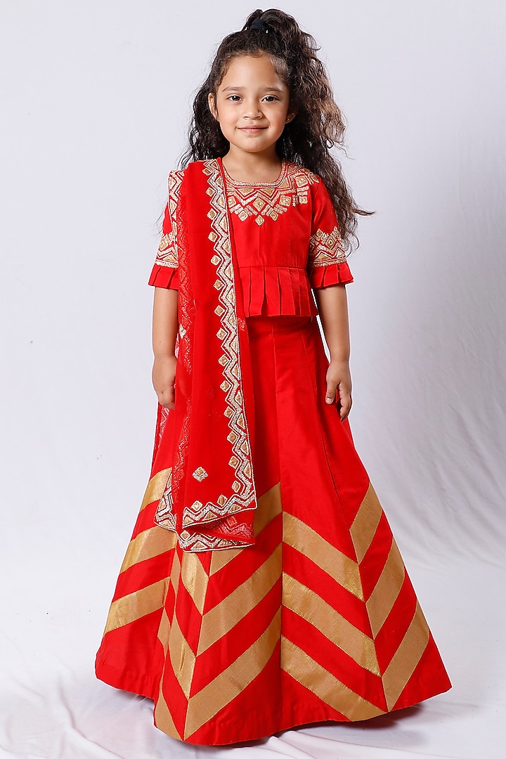 Red Embroidered Lehenga Set For Girls by Neha Gursahani Kids