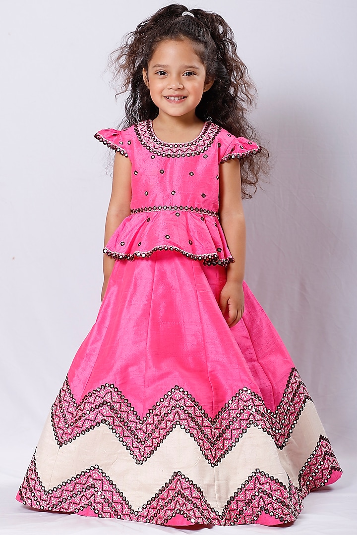 Bright Pink Embroidered Lehenga Set For Girls by Neha Gursahani Kids