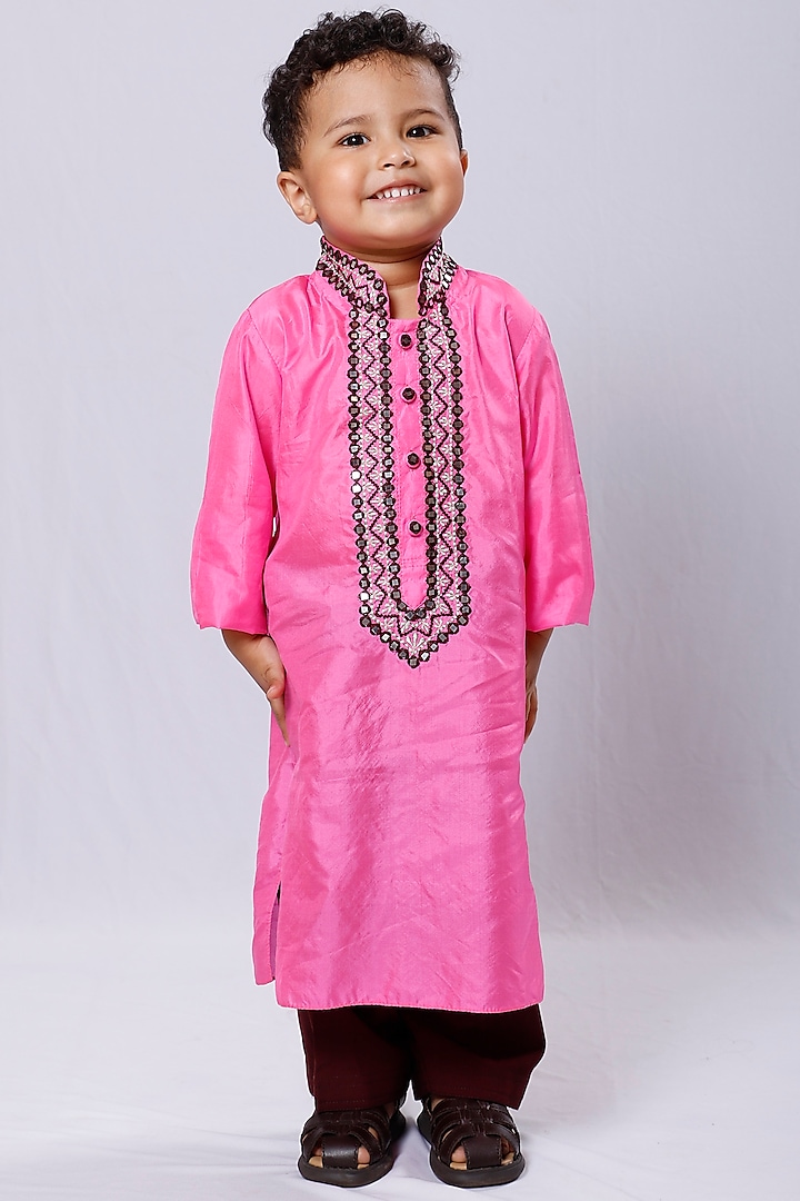 Bright Pink Silk Embroidered Kurta Set For Boys by Neha Gursahani Kids