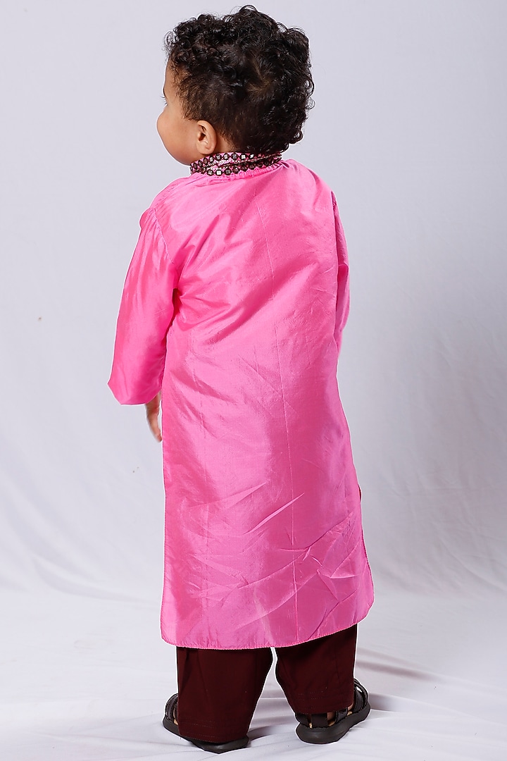 Bright Pink Silk Embroidered Kurta Set For Boys by Neha Gursahani Kids at Pernia's Pop Up Shop