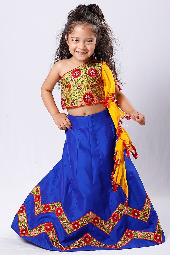 Royal Blue Mirror Embroidered Lehenga Set For Girls by Neha Gursahani Kids at Pernia's Pop Up Shop