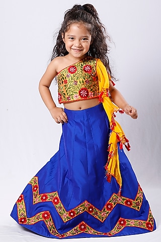 Royal Blue Mirror Embroidered Lehenga Set For Girls by Neha Gursahani Kids