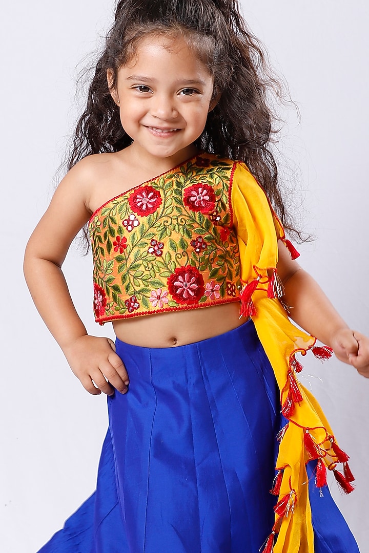 Royal Blue Mirror Embroidered Lehenga Set For Girls by Neha Gursahani Kids at Pernia's Pop Up Shop