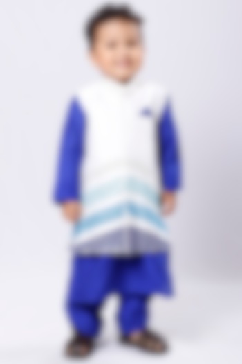 Royal Blue Kurta Set With Embroidered Waistcoat For Boys by Neha Gursahani Kids