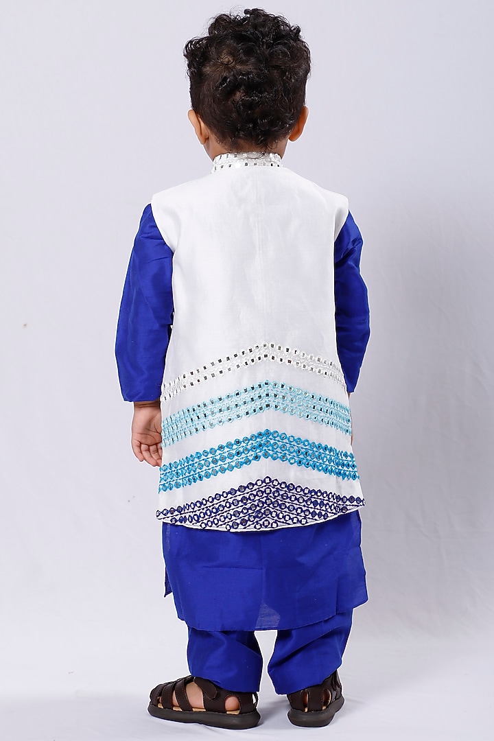 Royal Blue Kurta Set With Embroidered Waistcoat For Boys by Neha Gursahani Kids at Pernia's Pop Up Shop