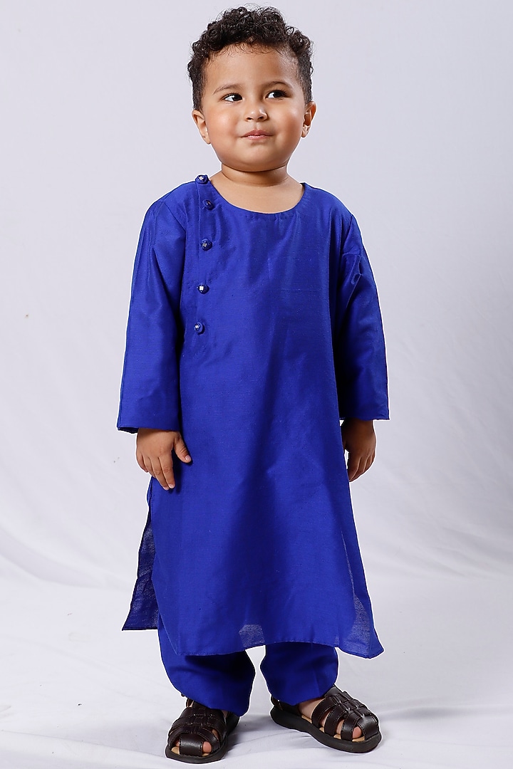 Royal Blue Kurta Set With Embroidered Waistcoat For Boys by Neha Gursahani Kids at Pernia's Pop Up Shop