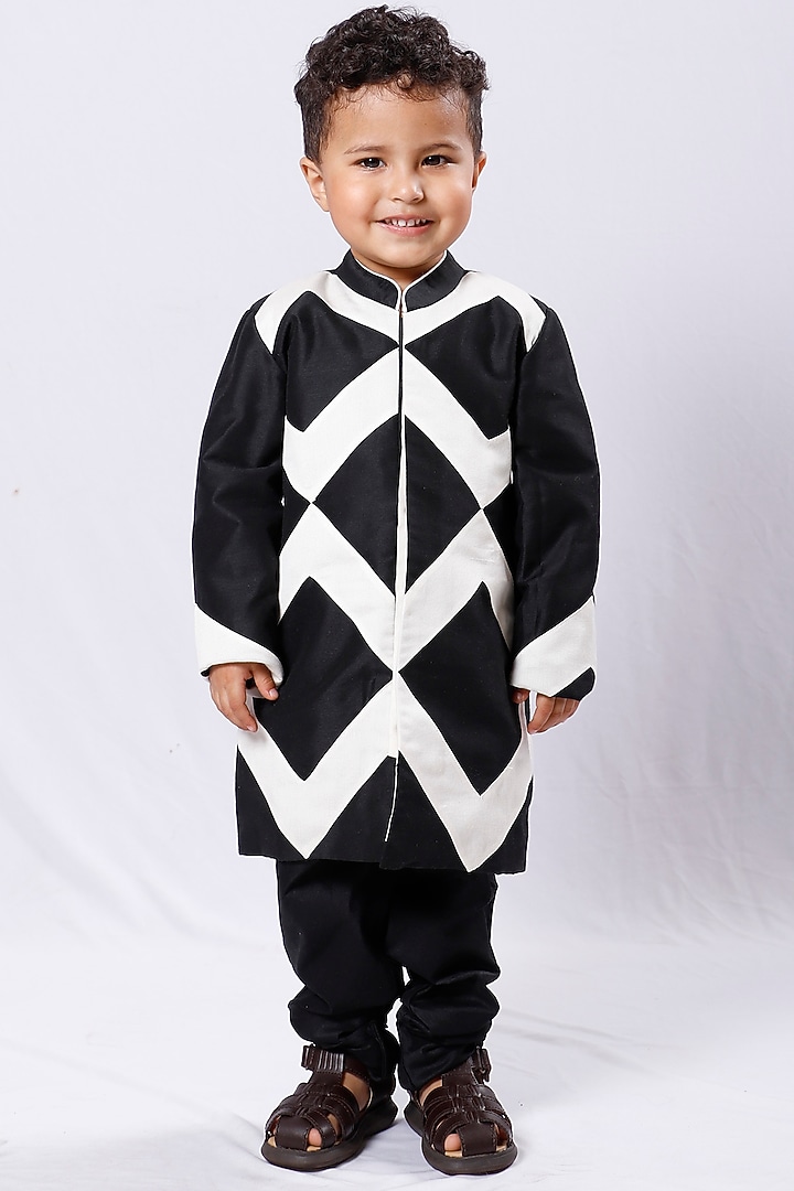Black Sherwani Set With Patch Work For Boys by Neha Gursahani Kids at Pernia's Pop Up Shop