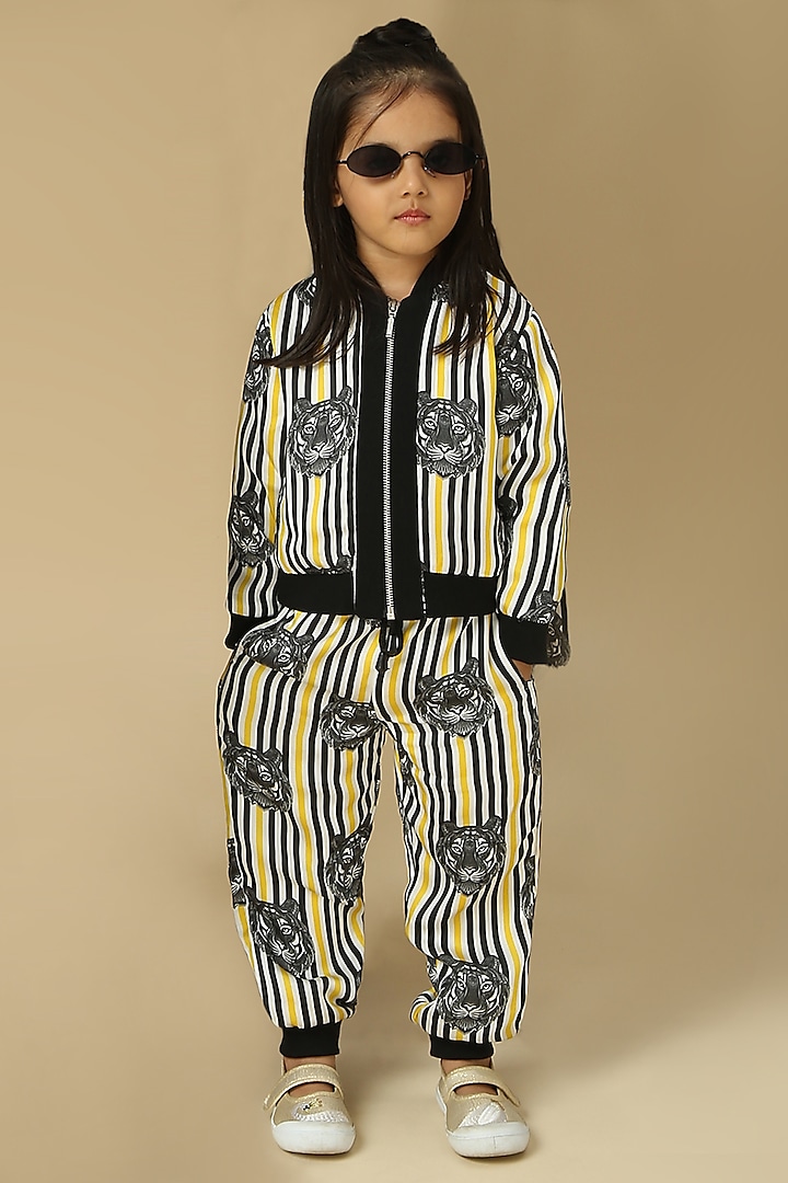 Multi-Colored Satin Linen Printed Jacket Set For Girls by Neha Gursahani Kids