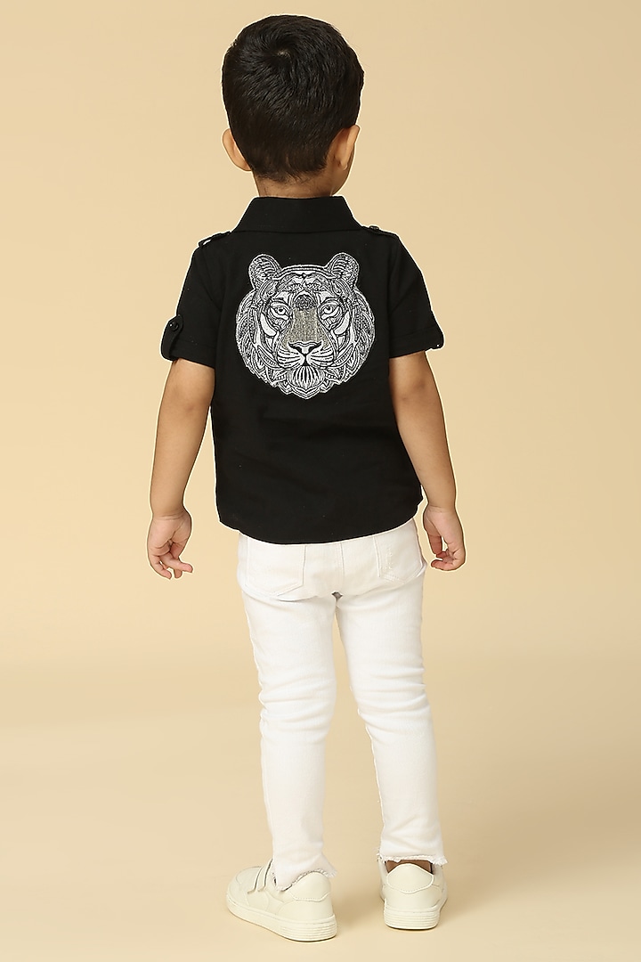 Black Linen Embroidered Shirt For Boys by Neha Gursahani Kids at Pernia's Pop Up Shop