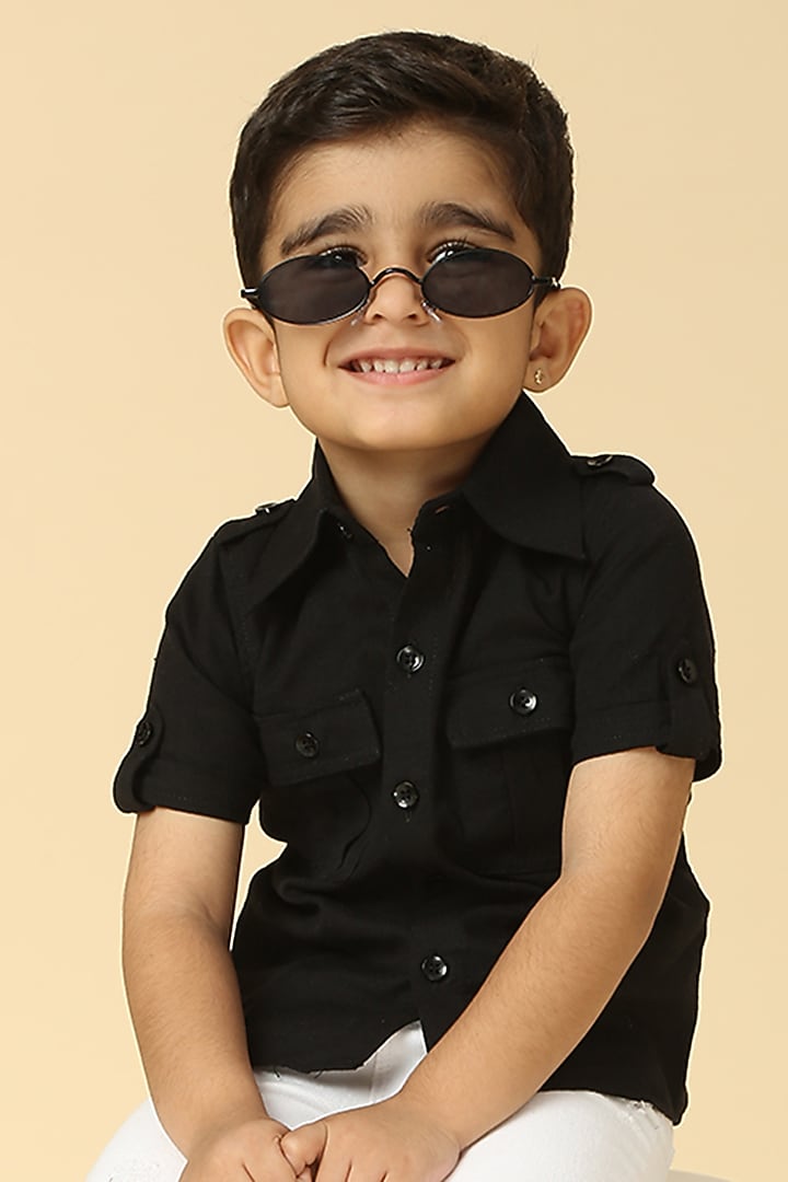 Black Linen Embroidered Shirt For Boys by Neha Gursahani Kids at Pernia's Pop Up Shop