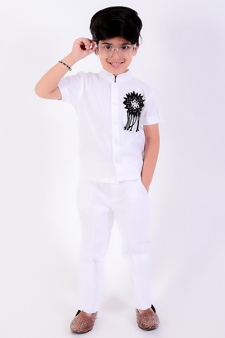 White Cotton Linen Thread Embroidered Co-Ord Set For Boys by Neha Gursahani Kids