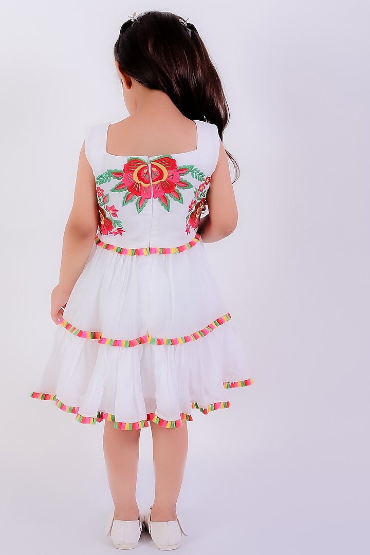White Cotton Mal Thread Embroidered Tiered Dress For Girls by Neha Gursahani Kids at Pernia's Pop Up Shop