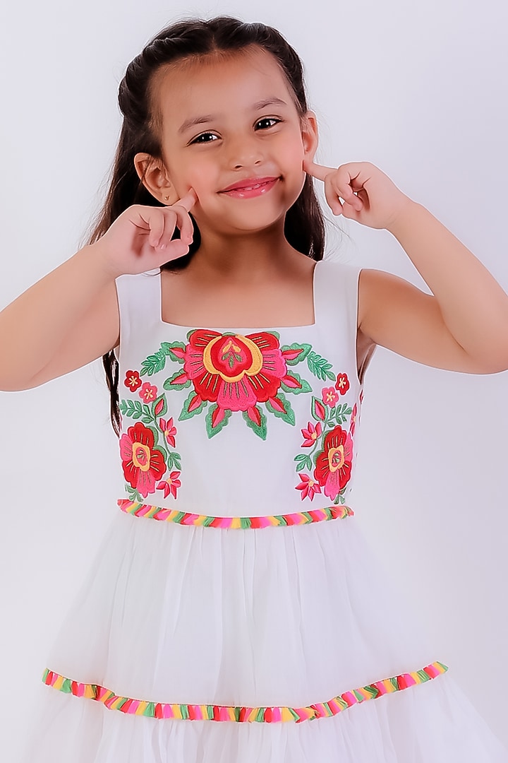 White Cotton Mal Thread Embroidered Tiered Dress For Girls by Neha Gursahani Kids at Pernia's Pop Up Shop