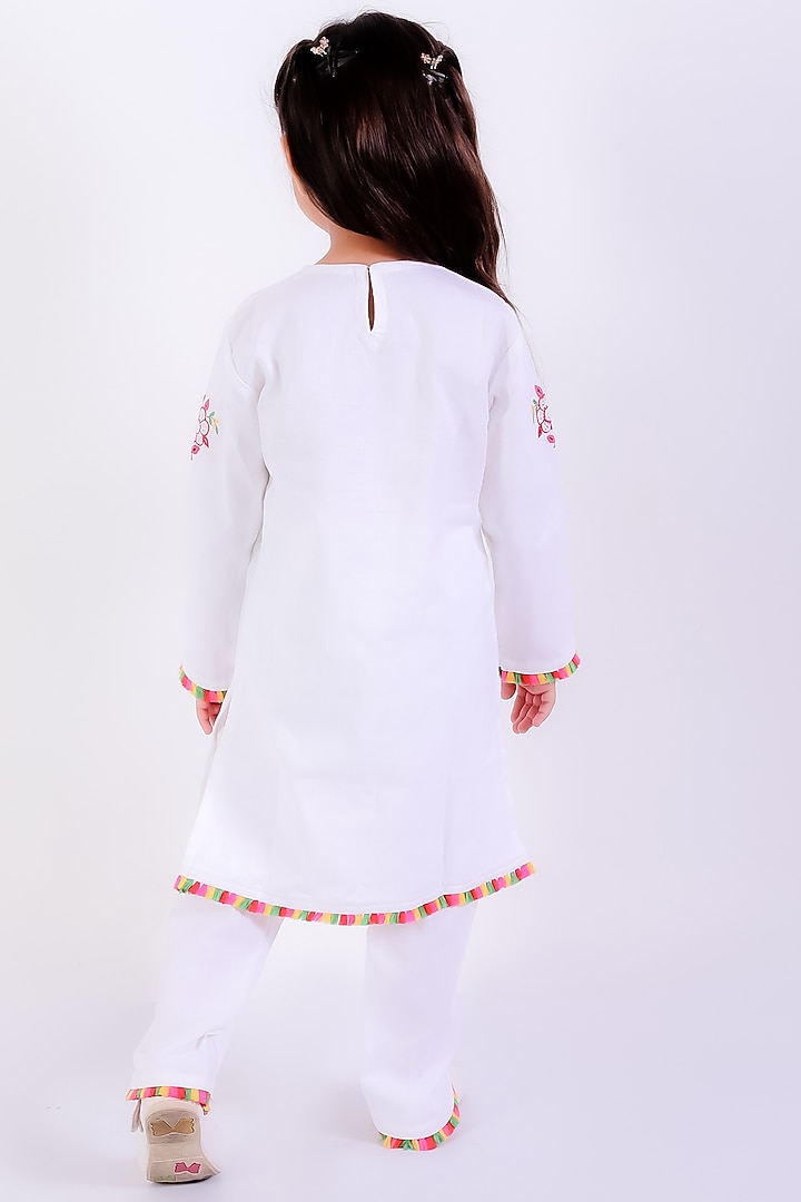 Ivory Cotton Linen Motif Embroidered Kurta Set For Girls by Neha Gursahani Kids at Pernia's Pop Up Shop