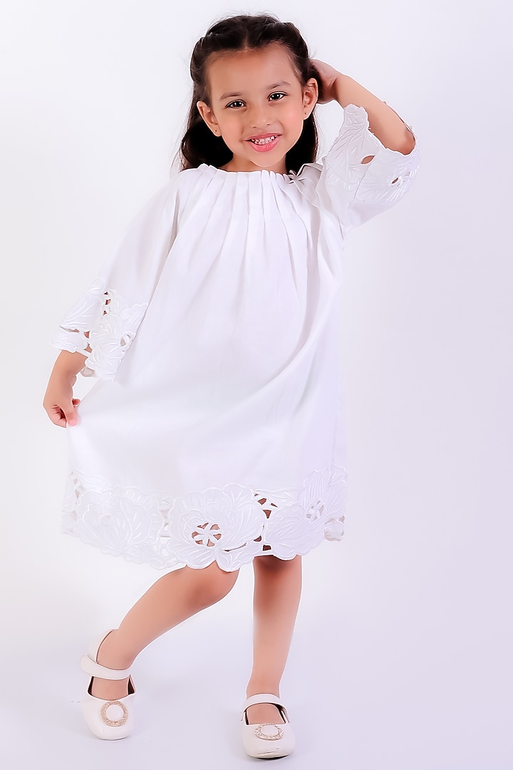 Ivory Cotton Linen Thread Embroidered Pleated Dress For Girls by Neha Gursahani Kids