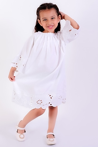 Ivory Cotton Linen Thread Embroidered Pleated Dress For Girls by Neha Gursahani Kids