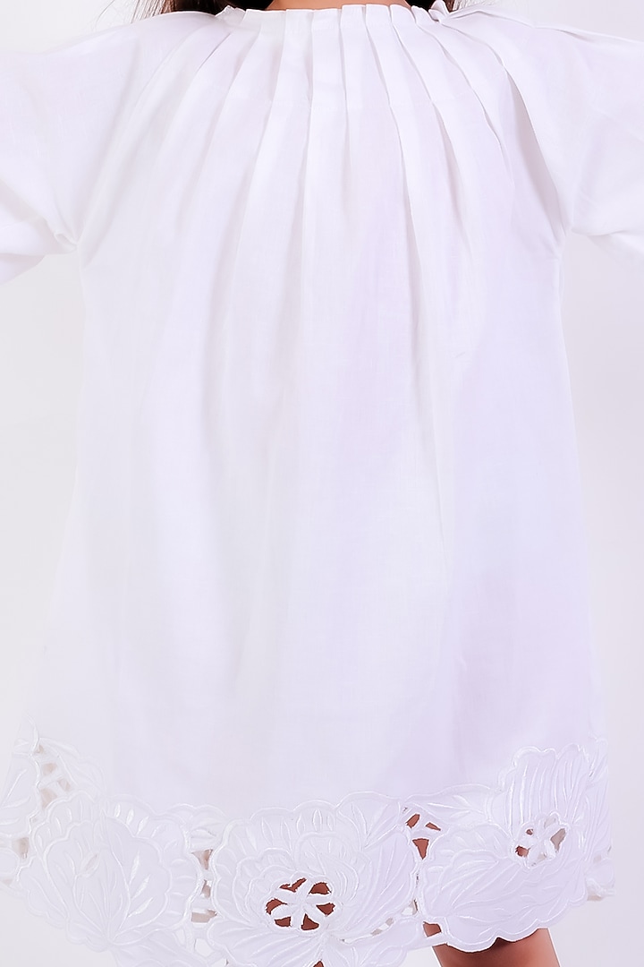 Ivory Cotton Linen Thread Embroidered Pleated Dress For Girls by Neha Gursahani Kids at Pernia's Pop Up Shop