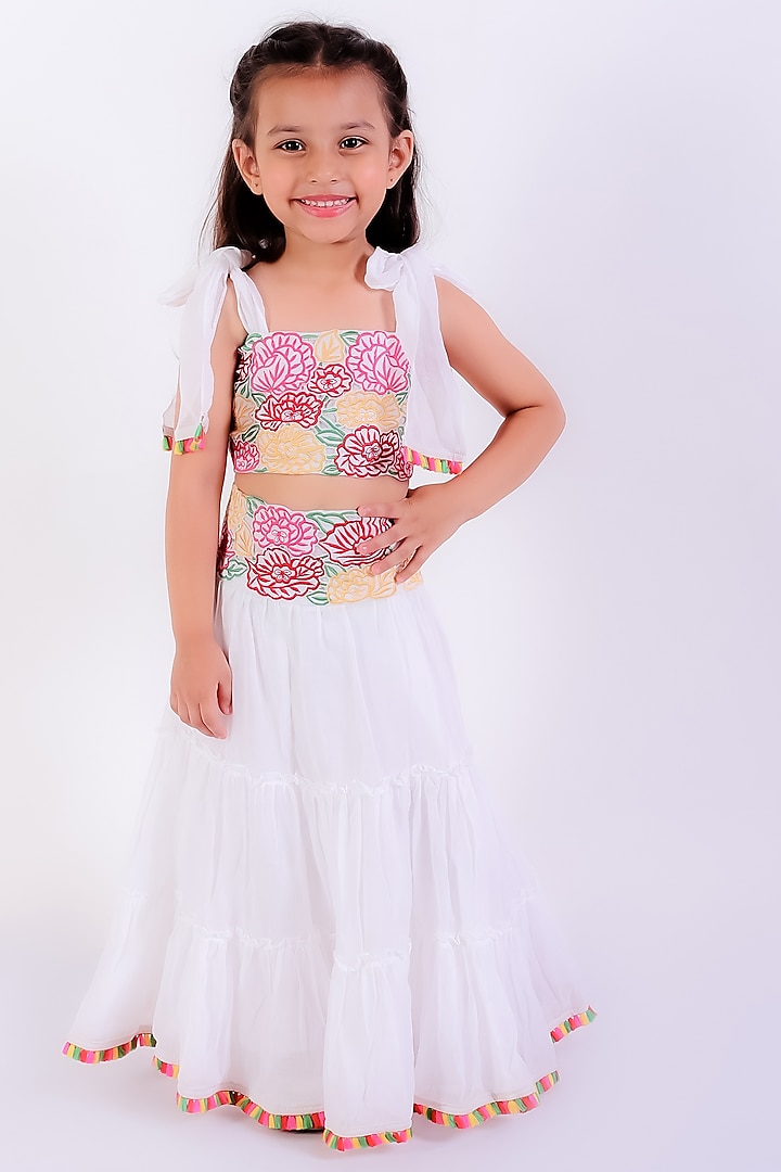 Ivory Cotton Mal Thread Embroidered Tiered Lehenga Set For Girls by Neha Gursahani Kids at Pernia's Pop Up Shop