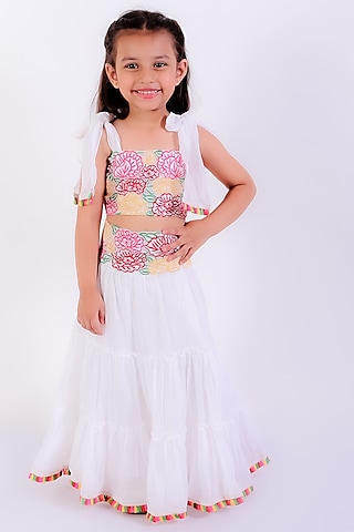 Ivory Cotton Mal Thread Embroidered Tiered Lehenga Set For Girls by Neha Gursahani Kids