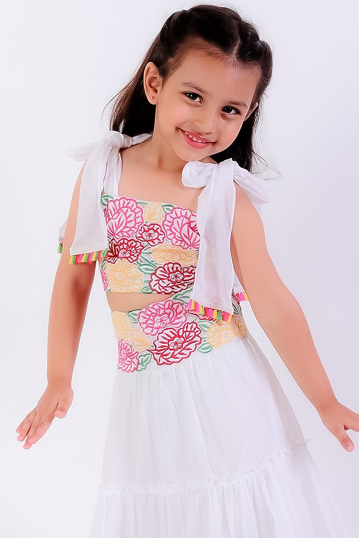 Ivory Cotton Mal Thread Embroidered Tiered Lehenga Set For Girls by Neha Gursahani Kids at Pernia's Pop Up Shop