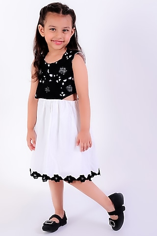 Ivory & Black Cotton Linen Thread Embroidered Cut-Out Dress For Girls by Neha Gursahani Kids