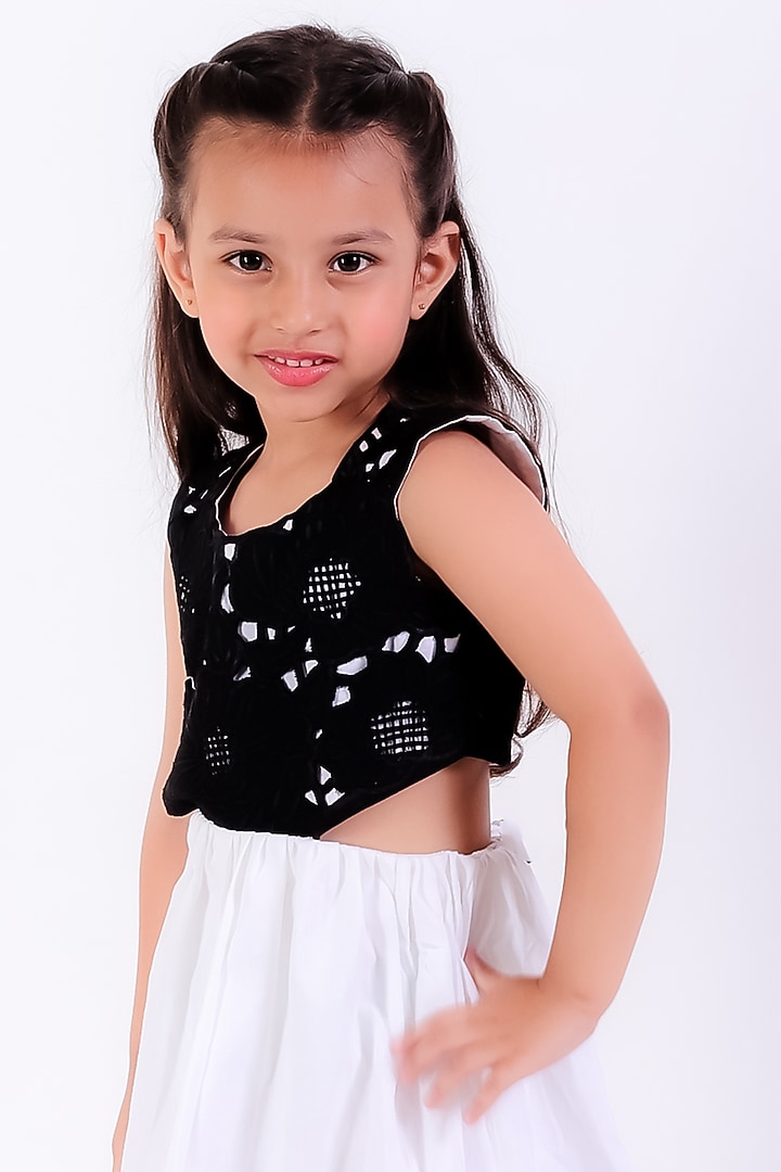 Ivory & Black Cotton Linen Thread Embroidered Cut-Out Dress For Girls by Neha Gursahani Kids at Pernia's Pop Up Shop