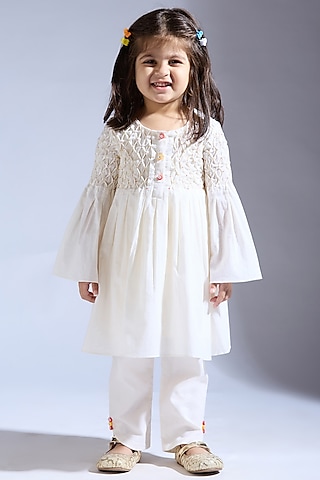 Ivory Spun Silk Thread Work Co-Ord Set For Girls by Neha Gursahani Kids