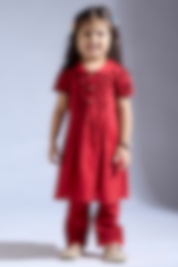 Red Spun Silk Co-Ord Set For Girls by Neha Gursahani Kids at Pernia's Pop Up Shop