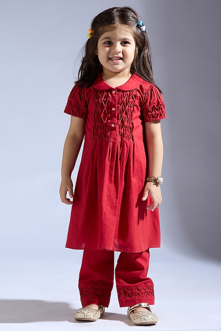 Red Spun Silk Co-Ord Set For Girls by Neha Gursahani Kids at Pernia's Pop Up Shop
