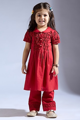 Red Spun Silk Co-Ord Set For Girls by Neha Gursahani Kids