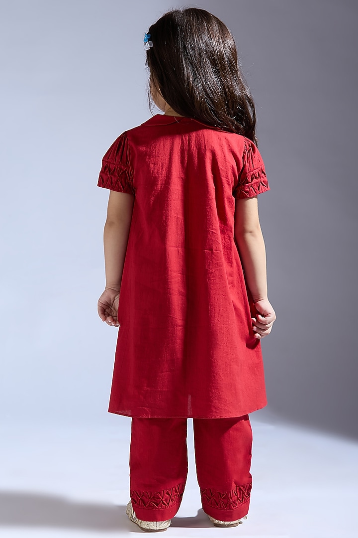 Red Spun Silk Co-Ord Set For Girls by Neha Gursahani Kids at Pernia's Pop Up Shop