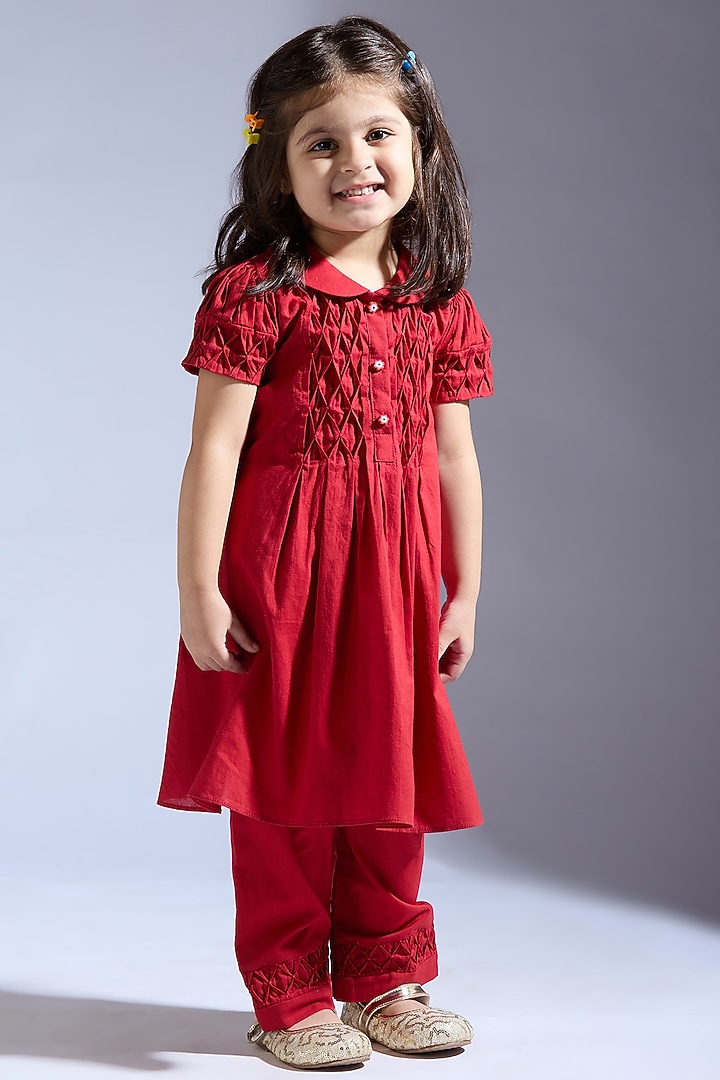 Red Spun Silk Co-Ord Set For Girls by Neha Gursahani Kids at Pernia's Pop Up Shop