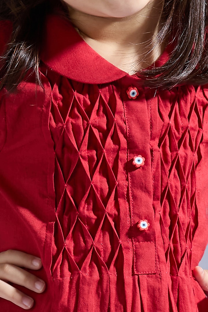 Red Spun Silk Co-Ord Set For Girls by Neha Gursahani Kids at Pernia's Pop Up Shop