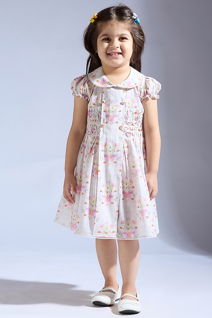 Pink Cambric Printed Dress For Girls by Neha Gursahani Kids at Pernia's Pop Up Shop