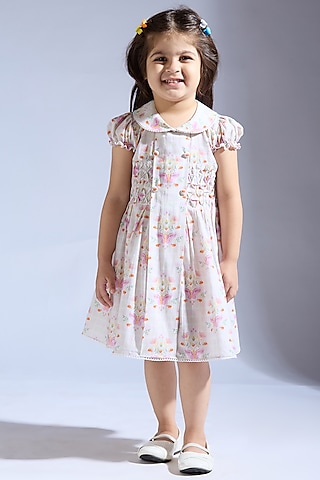 Pink Cambric Printed Dress For Girls by Neha Gursahani Kids