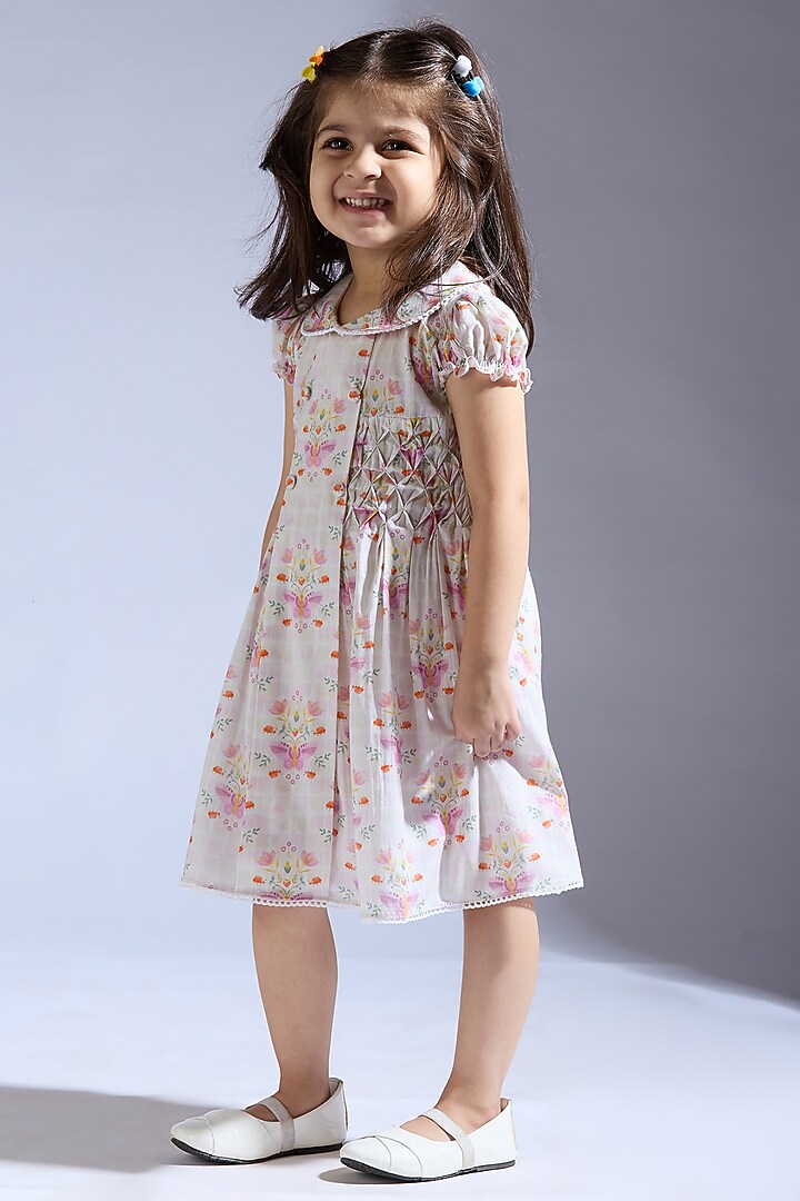 Pink Cambric Printed Dress For Girls by Neha Gursahani Kids at Pernia's Pop Up Shop