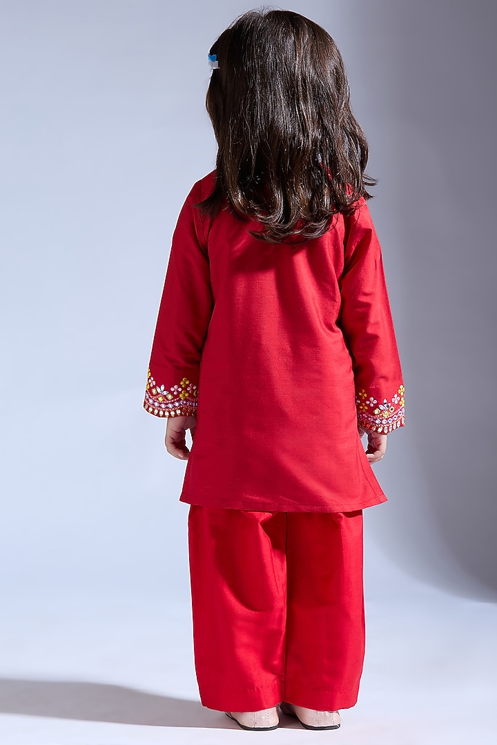 Red Spun Silk Mirror & Thread Embroidered Kurta Set For Girls by Neha Gursahani Kids at Pernia's Pop Up Shop