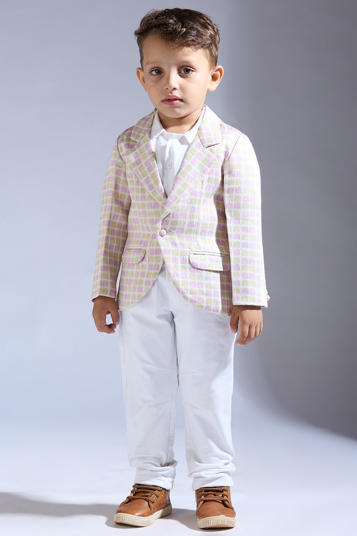 Multi-Colored Satin Linen Blazer For Boys by Neha Gursahani Kids