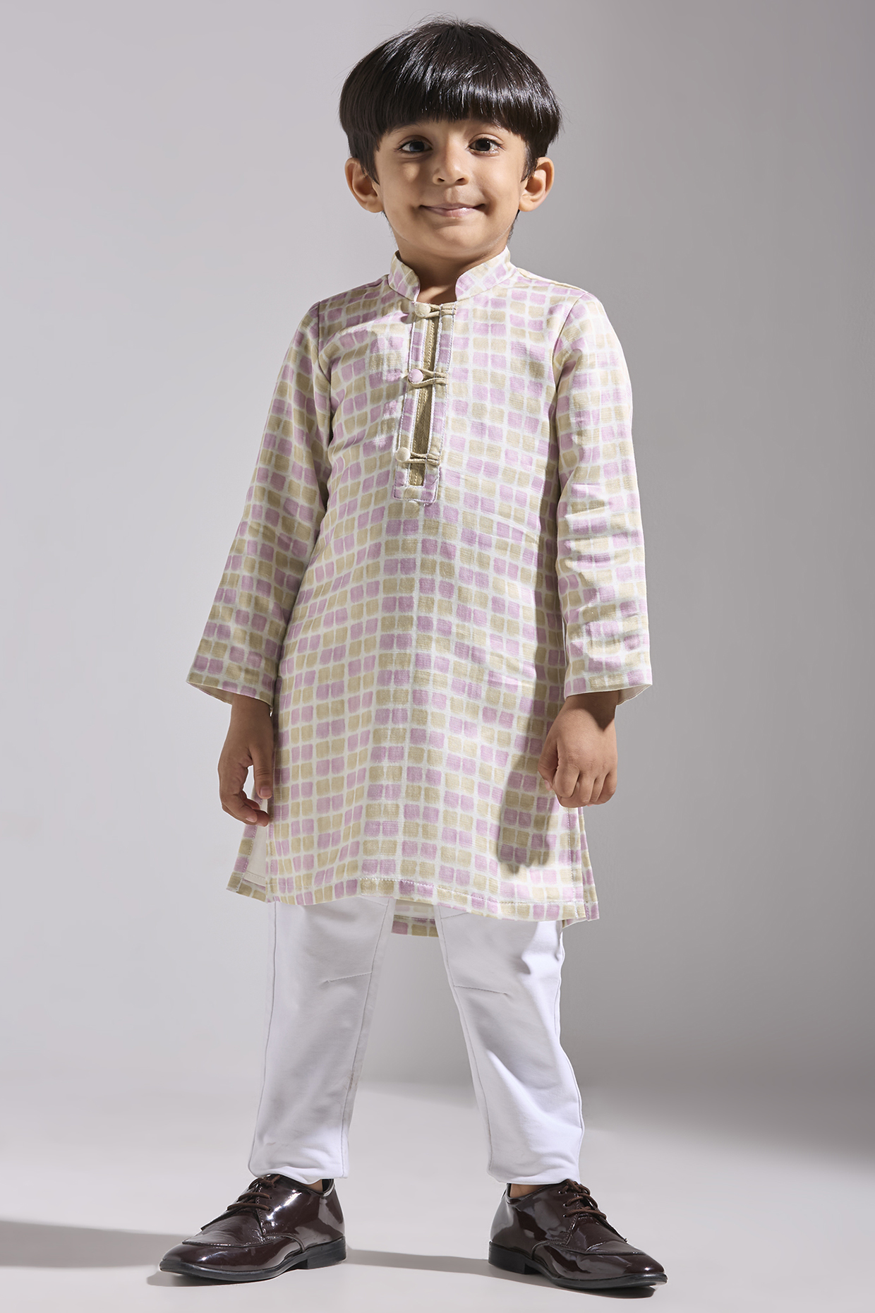 Multi-Colored Satin Linen Printed Kurta For Boys by Neha Gursahani Kids