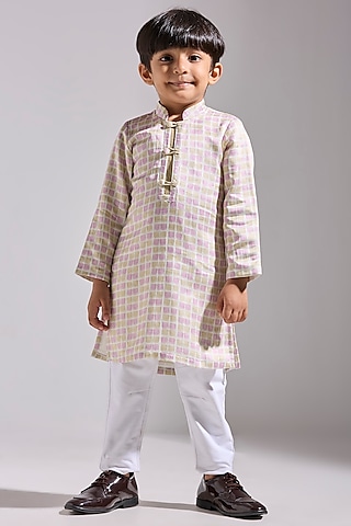 Multi-Colored Satin Linen Printed Kurta For Boys by Neha Gursahani Kids