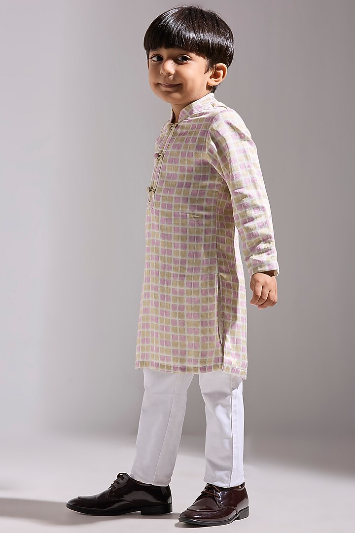 Multi-Colored Satin Linen Printed Kurta For Boys by Neha Gursahani Kids at Pernia's Pop Up Shop