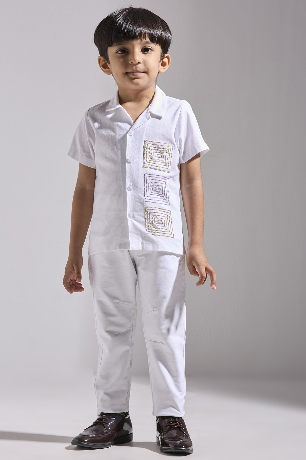 Ivory Cotton Linen Shirt For Boys by Neha Gursahani Kids