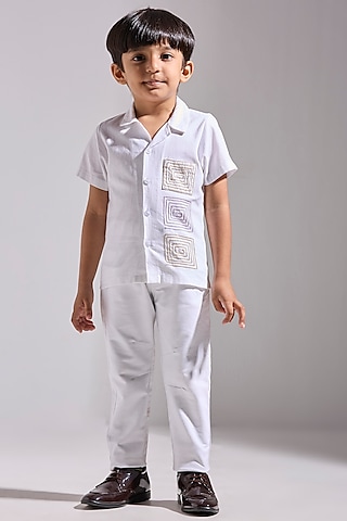 Ivory Cotton Linen Shirt For Boys by Neha Gursahani Kids