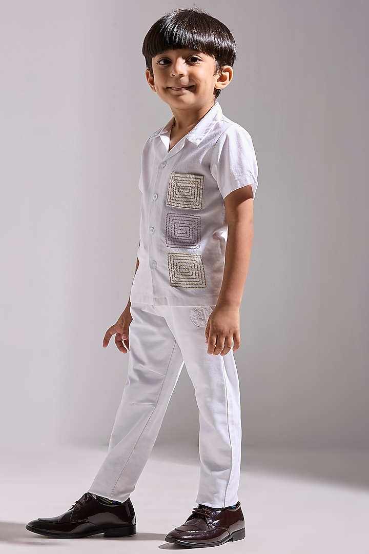 Ivory Cotton Linen Shirt For Boys by Neha Gursahani Kids at Pernia's Pop Up Shop
