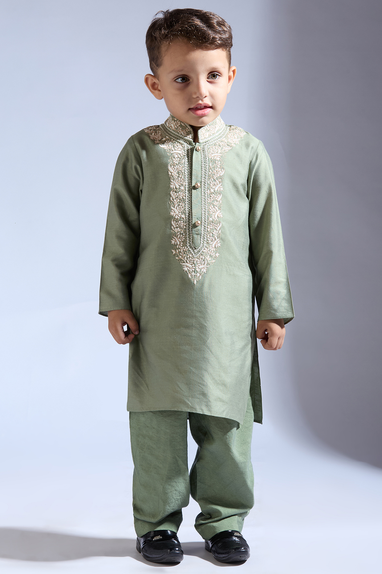 Forest Green Spun Silk Embroidered Kurta Set For Boys by Neha Gursahani Kids